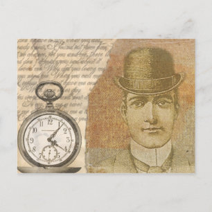 Steampunk Gentleman Pocket Watch Bowler Postcard
