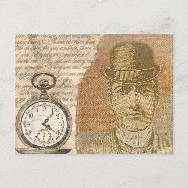 Steampunk Gentleman Pocket Watch Bowler Postcard (Front)