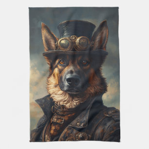 Steampunk German Shepherd Dog in Top Hat Tea Towel