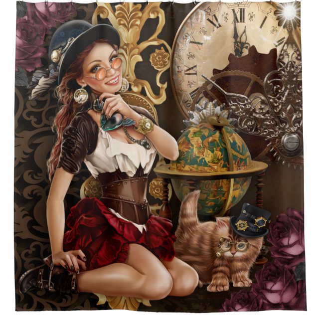 Steampunk Girl Clock and Cat  Shower Curtain (Front)