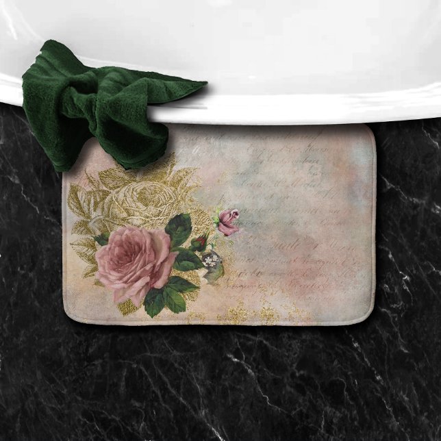 Steampunk Glam | Pink and Gold Rose Rustic Floral Bath Mat (Creator Uploaded)