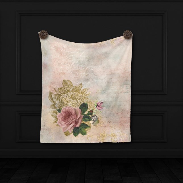 Steampunk Glam | Pink and Gold Rose Rustic Floral Fleece Blanket (Creator Uploaded)