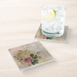 Steampunk Glam   Pink and Gold Rose Rustic Floral Glass Coaster