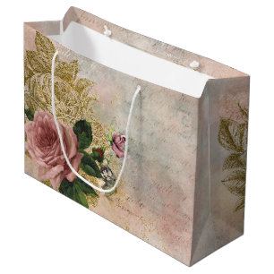 Steampunk Glam Pink and Gold Rose Rustic Floral Large Gift Bag