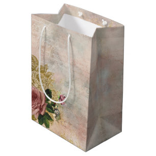 Steampunk Glam   Pink and Gold Rose Rustic Floral Medium Gift Bag
