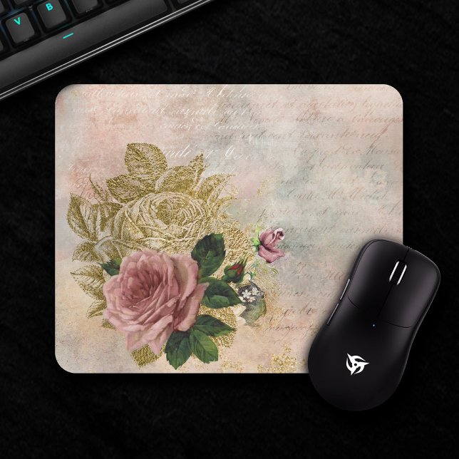 Steampunk Glam | Pink and Gold Rose Rustic Floral Mouse Mat (Creator Uploaded)