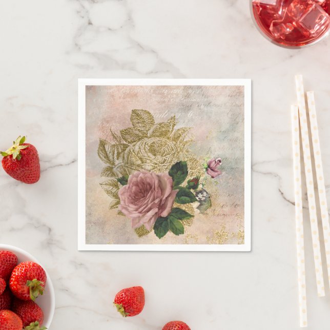 Steampunk Glam | Pink and Gold Rose Rustic Floral Napkin (Insitu)