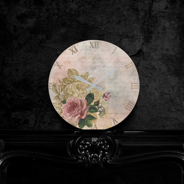 Steampunk Glam | Pink and Gold Rose Rustic Floral Round Clock (Creator Uploaded)