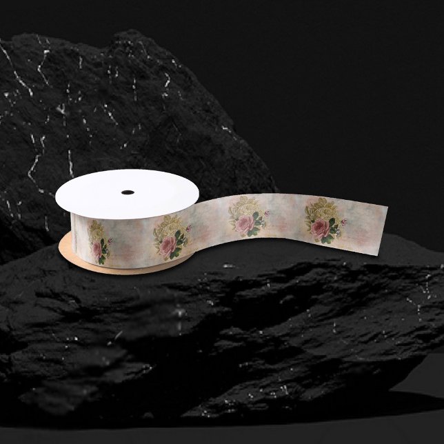 Steampunk Glam | Pink and Gold Rose Rustic Floral Satin Ribbon (Creator Uploaded)