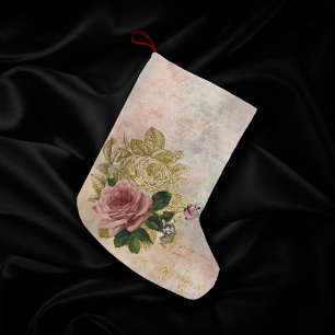 Steampunk Glam   Pink and Gold Rose Rustic Floral Small Christmas Stocking