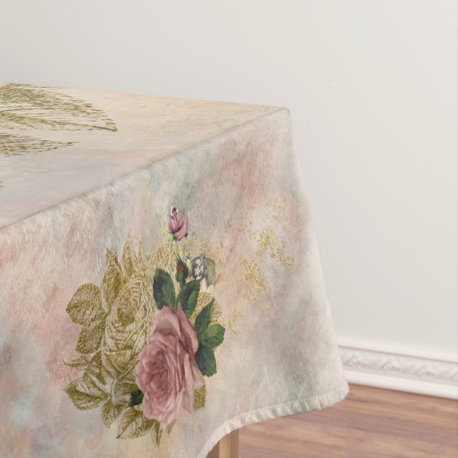 Steampunk Glam | Pink and Gold Rose Rustic Floral Tablecloth (In Situ)