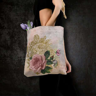 Steampunk Glam   Pink and Gold Rose Rustic Floral Tote Bag