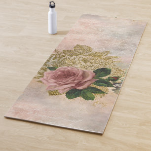 Steampunk Glam Pink and Gold Rose Rustic Floral Yoga Mat