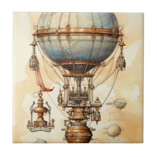 Steampunk Globe Airship Blueprint Blue Brass Sepia Tile