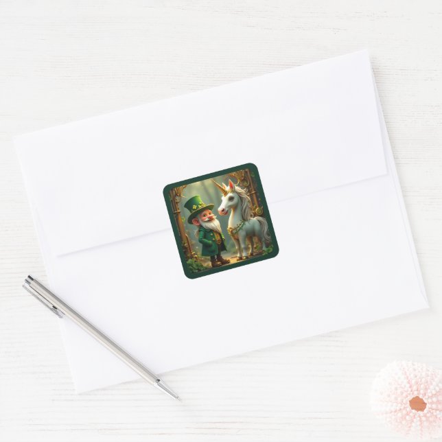 Steampunk Gnome-Leprechaun Unicorn St Patricks Day Square Sticker (Envelope)