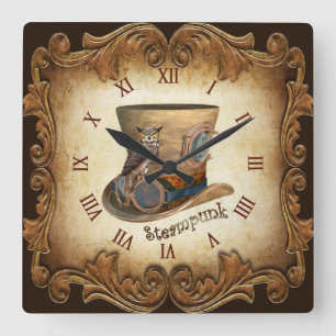 Steampunk Goggle Hat ~ Great Horned Owl ~  Square Wall Clock
