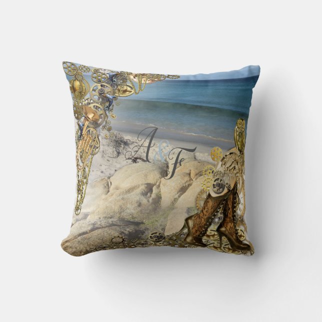 Steampunk Golden Blush & Powder-blue  Wedding Gift Cushion (Front)