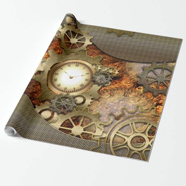 Steampunk, golden design wrapping paper (Unrolled)