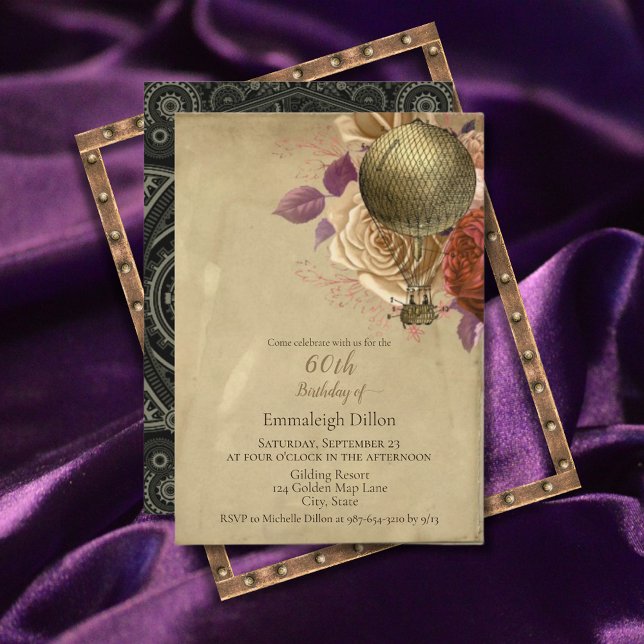 Steampunk Golden Hot Air Balloon Floral Birthday Invitation (Creator Uploaded)