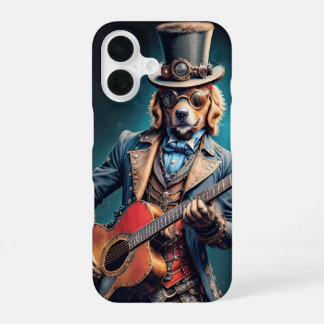 Steampunk Golden Retriever dog playing guitar iPhone 16 Case