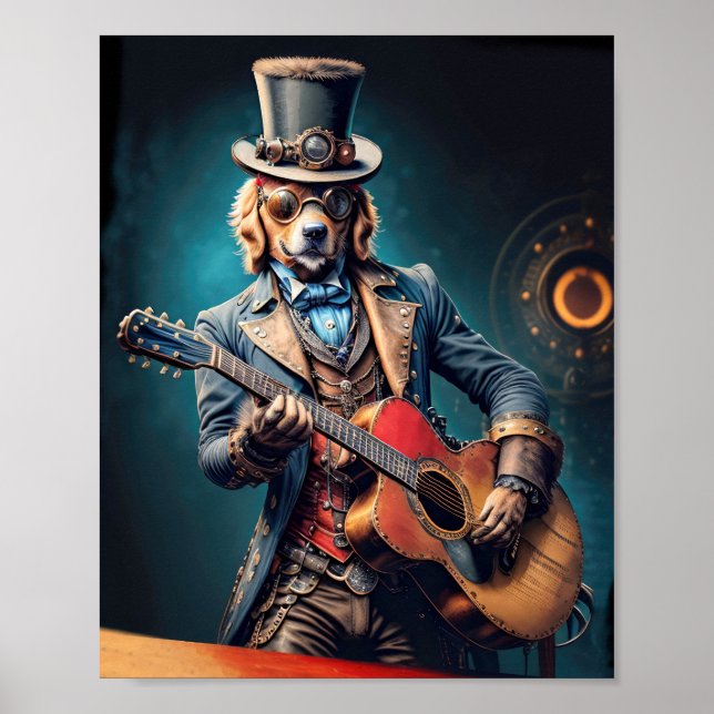 Steampunk Golden Retriever playing guitar Poster (Front)