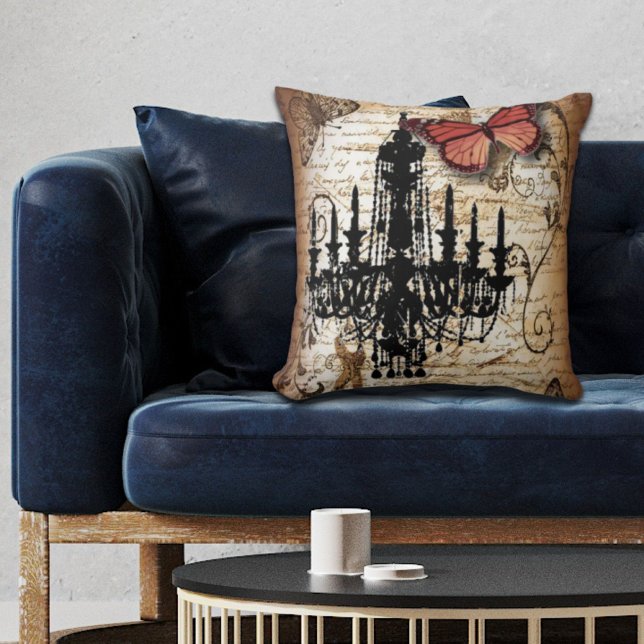 steampunk goth butterfly paris vintage chandelier cushion (steampunk goth butterfly paris vintage chandelier throw pillow)