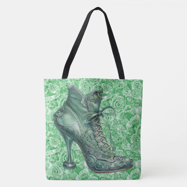 Steampunk Green Boots on Roses Large Shoulder Tote (Front)