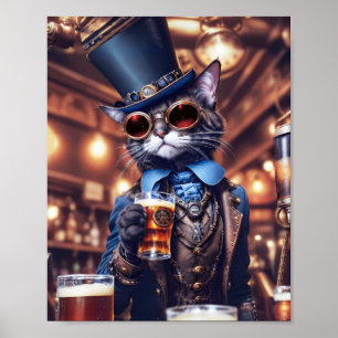 Steampunk grey cat with top hat, goggles, beer -  poster