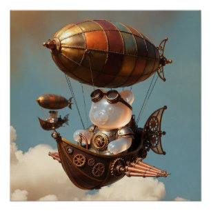 Steampunk Gummy Bear Pilot in Fantasy Airship Poster