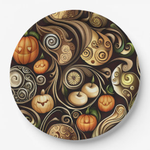 Steampunk Halloween Pumpkin & Swirl Paper Plate