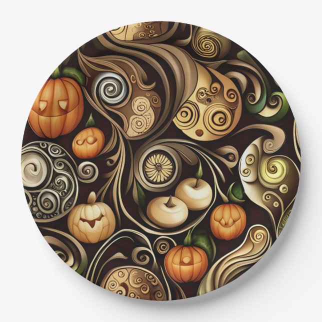 Steampunk Halloween Pumpkin & Swirl Paper Plate (Front)