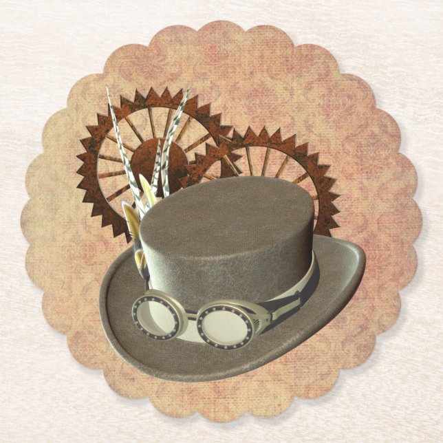 Steampunk Hat and Gears Paper Coaster (Front)