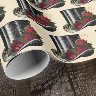 Steampunk Hat  with Red Roses Christmas Wrapping Paper