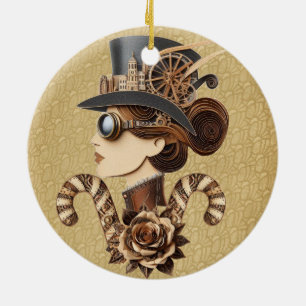 Steampunk hat womans face modern art  ceramic tree decoration