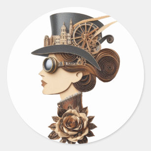 Steampunk hat womans face modern art  classic round sticker