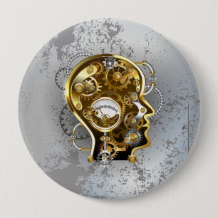 Steampunk head with manometer 10 cm round badge