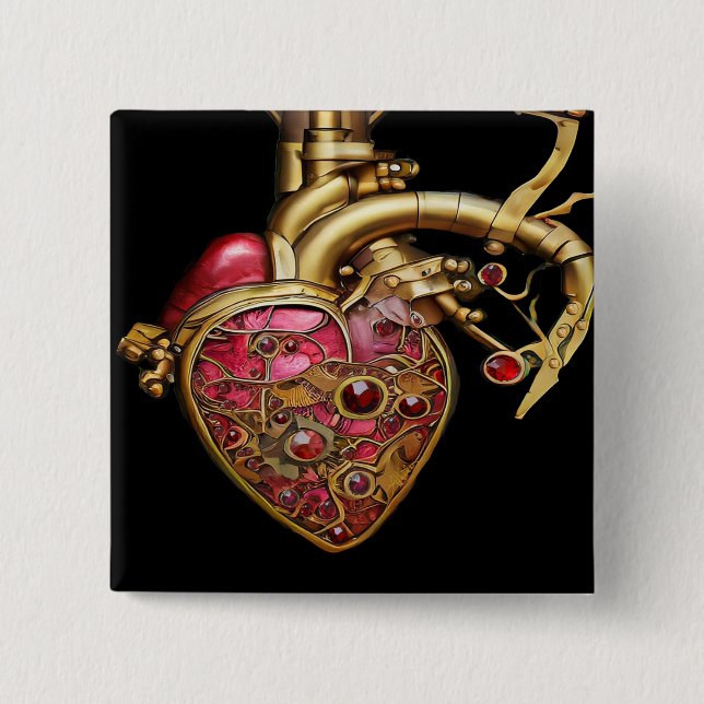 Steampunk Heart Anatomical Rubies and Gears 15 Cm Square Badge (Front)