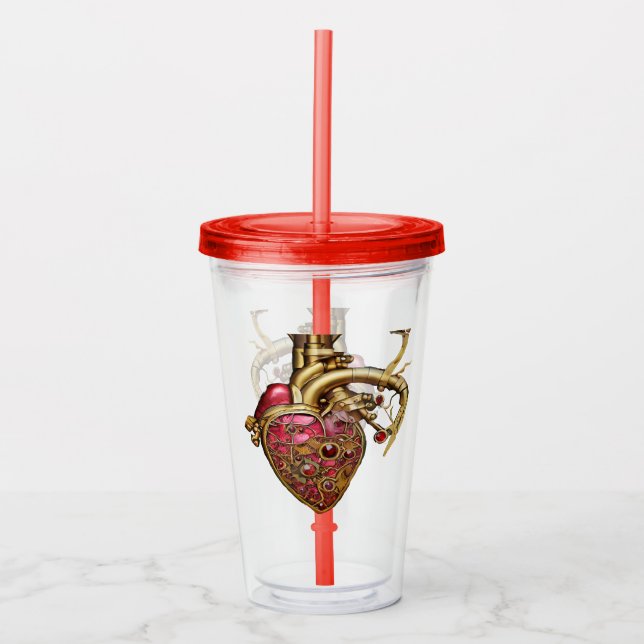 Steampunk Heart Anatomical Rubies and Gears Acrylic Tumbler (Front)