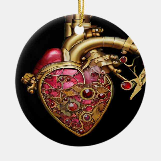 Steampunk Heart Anatomical Rubies and Gears Ceramic Tree Decoration (Front)