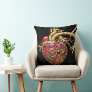 Steampunk Heart Anatomical Rubies and Gears Cushion