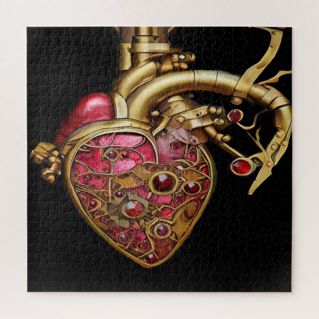 Steampunk Heart Anatomical Rubies and Gears Jigsaw Puzzle (Vertical)