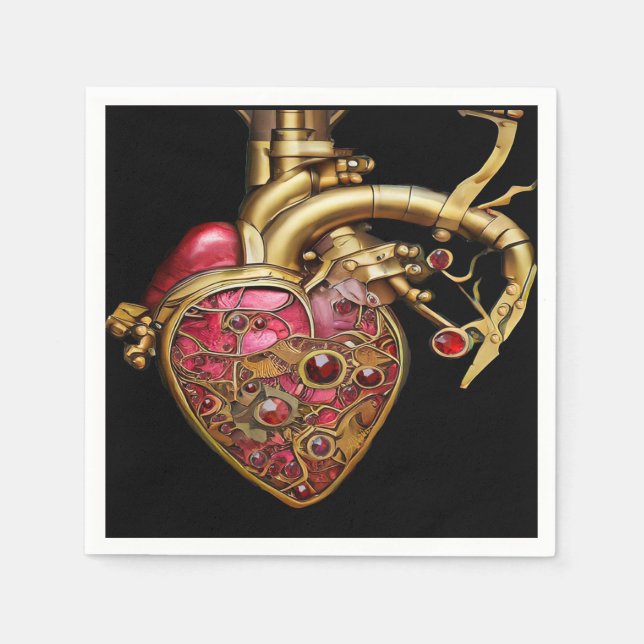 Steampunk Heart Anatomical Rubies and Gears Napkin (Front)