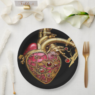 Steampunk Heart Anatomical Rubies and Gears Paper Plate