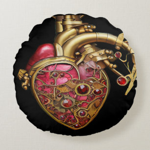 Steampunk Heart Anatomical Rubies and Gears Round Cushion