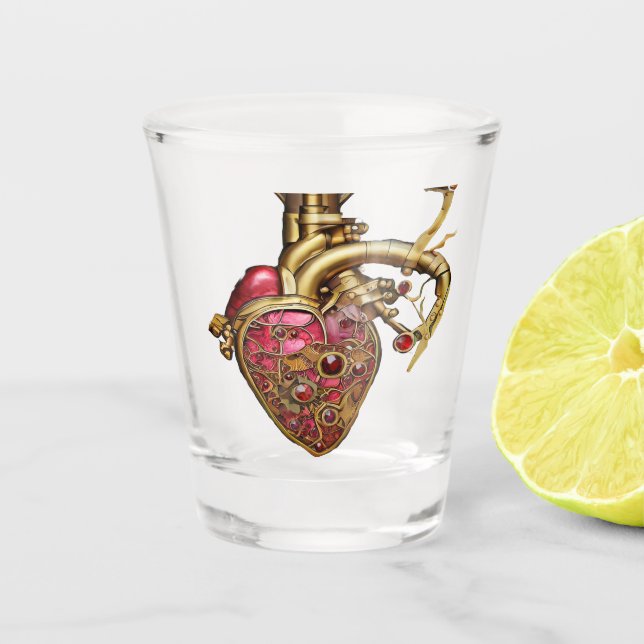 Steampunk Heart Anatomical Rubies and Gears Shot Glass (Front)