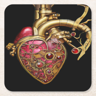 Steampunk Heart Anatomical Rubies and Gears Square Paper Coaster