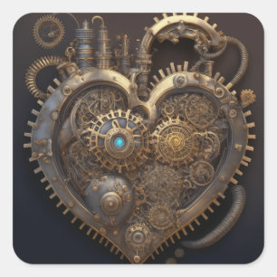 Steampunk Heart Copper Gears Wedding Square Sticker