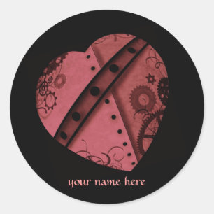 Steampunk heart in red, add your name classic round sticker