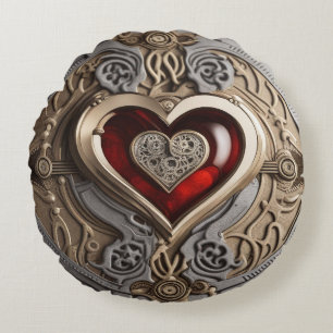 Steampunk Heart – Intricate Mechanical Love Round Cushion