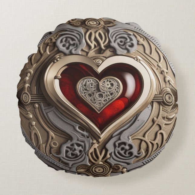 Steampunk Heart – Intricate Mechanical Love  Round Cushion (Front)